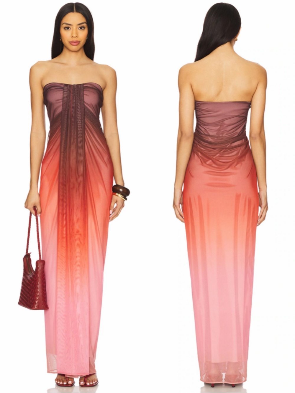Baobab Collection Lena Ombre Strapless Maxi Dress in Burgundy and Pink Size Med